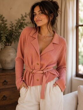Doncaster XL Ribbed Knit Belted Cardigan Blazer Dusty Rose Pink